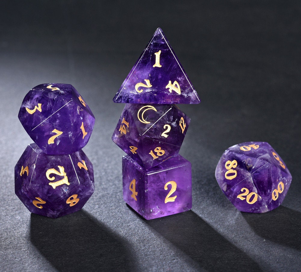 Full Set Amethyst Gemstone Dice Engraved DnD Dice Set Stone Etsy