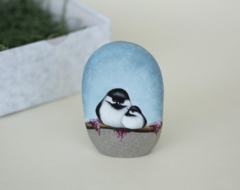 Chickadee hand painted rock, FREE STANDING bird family tree, stone painting, cute bird lovers gift, cherry blossom spring landscape painting
