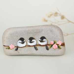 CHICKADEE painted rock, cute BIRD & ROSES painting on stone