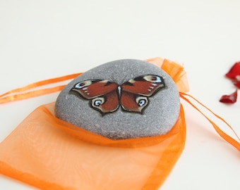 PEACOCK BUTTERFLY painted rock, STONE painting