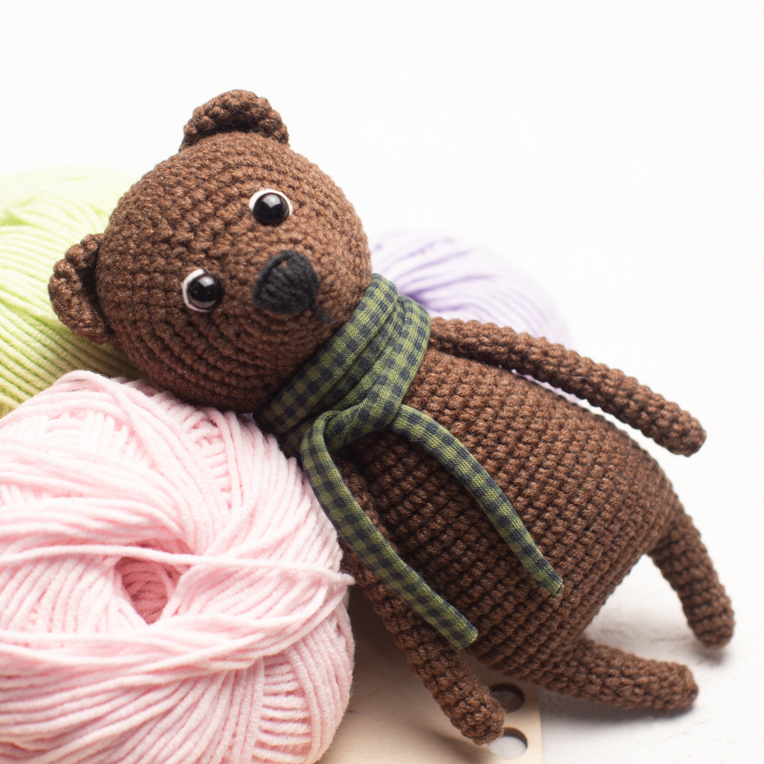 Crochet bear in green scarf in the cel Amigurumi bear toy | Etsy