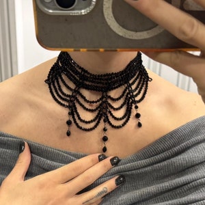 Elegant black choker beaded necklace Gothic layered choker Statement layered necklace with crystals Romantic collar choker necklace