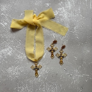 Silk Cross Pendant Choker: Gold Charm Necklace & Earrings Set