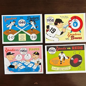 World Series 1949, 1958, 1960, and 1961 Baseball Cards, 1970 Fleer, Cartoon Style, NY Yankees, Brooklyn Dodgers, Braves, Pirates, and Reds
