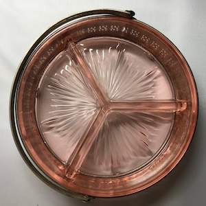 Vintage Pink Depression Glass, 3 Sections Divided Relish Dish Fit in a Silver Basket