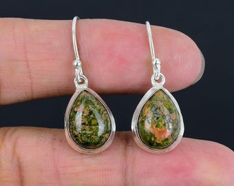 Unakite Gemstone Earrings, Handmade Silver Green Pink Stone Drops, Earthy Bohemian Jewelry, Artisan Dangle Gift for Her