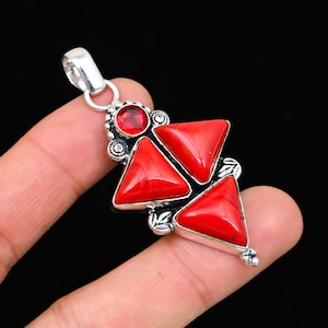Red Coral Gemstone Pendant - 925 Sterling Silver Jewelry, Handmade Jewelry, Gemstone Pendant - Coral Pendant Jewelry For Anniversary Gift