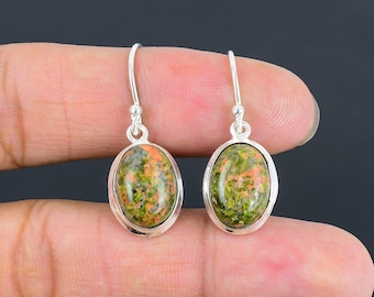 Handcrafted Unakite Drop Earrings, Silver Green Pink Gemstone Dangles, Earthy Boho Artisan Jewelry, Nature Inspired Gift for Women
