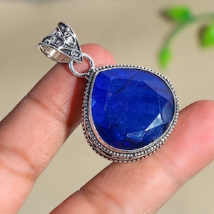 Pendentif saphir fait main en laboratoire : bijoux en argent sterling 925