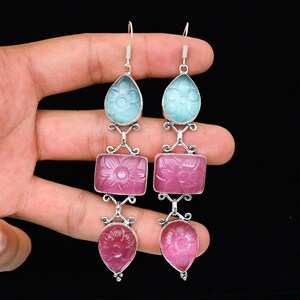 Natürliche Monalisa Edelstein Ohrringe - 925 Sterling Silber Schmuck, Handgemachter Schmuck, Geschnitzte Edelstein Ohrringe Schmuck Geburtstagsgeschenk Für Sie