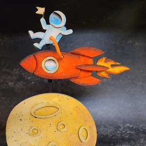 Kit di automi razzo retrò, arte di automi cinetici meccanici, scultura fai da te tagliata al laser, regalo in legno a tema spaziale, kit di artigianato per adulti,