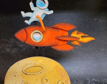 Retro Rocket Automaton Kit, Mechanical Kinetic Automata Art, Laser Cut DIY Sculpture,  Space Themed Wooden Gift, Adult Craft Kit Present,