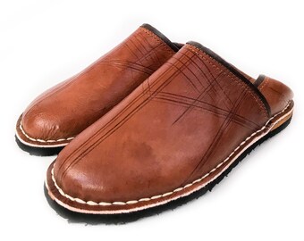 kechart - Brown Comfortable Babouche Pantoufles marocaines faites à la main, Hommes Cuir Babouche, Chaussures Marocaines, Cuir Naturel Marron, Chaussons Hommes