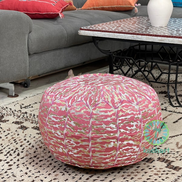 Kechart – Pouf marocain rond rose, pouf au sol, housse de pouf, décoration intérieure, cuir véritable, mouchoirs, chaises et poufs, coussin, repose-pieds,