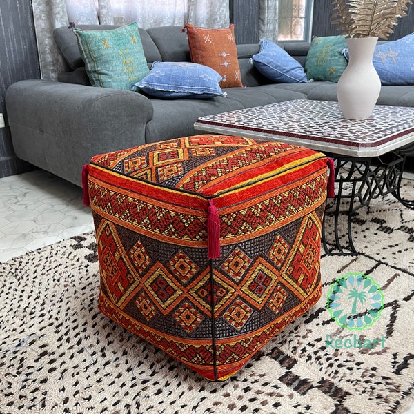 Kechart – Pouf marocain carré, pouf au sol, housse de pouf, décor marocain, cuir véritable, mouchoirs, chaises et poufs, coussin de siège