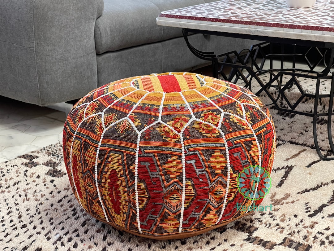 Handmade Moroccan Leather Pouf: Colorful Floor Ottoman Cover - Etsy