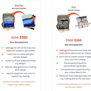 May include: Image of two MyRugy Kit options: Starter and Pro. The Starter kit includes tools and materials for beginners, while the Pro kit offers advanced tools. Each kit includes a rug-making loom and sample designs. The text includes the price and features.