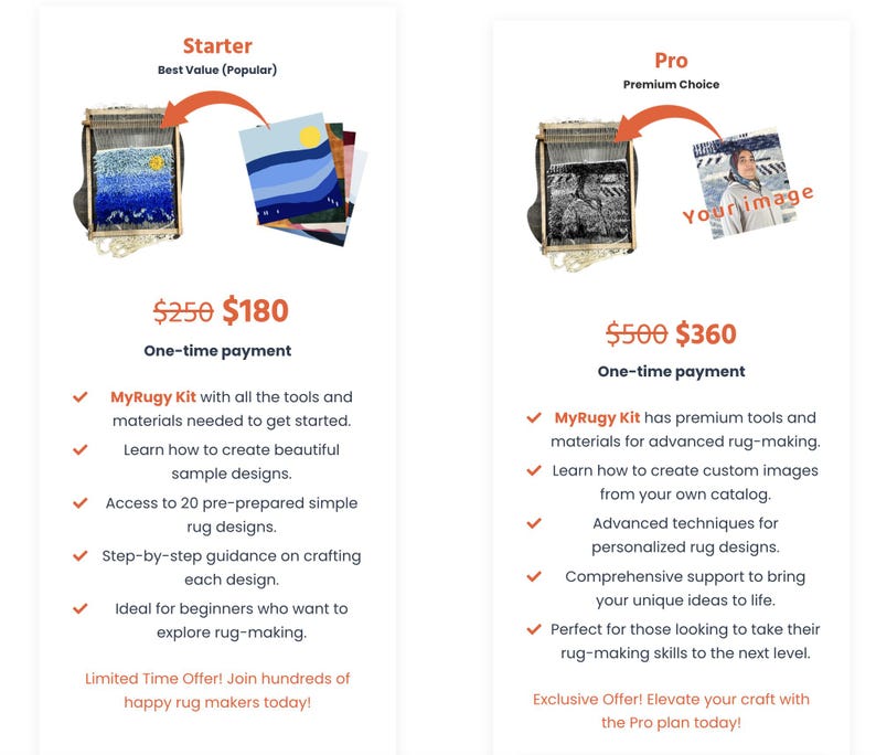 May include: Image of two MyRugy Kit options: Starter and Pro. The Starter kit includes tools and materials for beginners, while the Pro kit offers advanced tools. Each kit includes a rug-making loom and sample designs. The text includes the price and features.