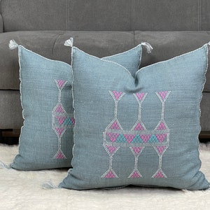 Blue Moroccan Pillow: Handmade Cactus Silk Berber Cushion (20x20)