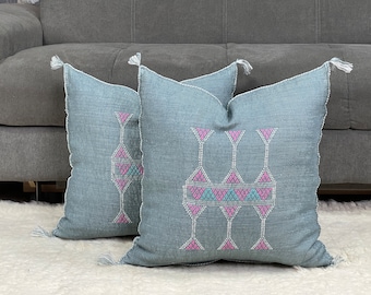 Cuscino marocchino blu: cuscino berbero in seta di cactus fatto a mano (20x20)