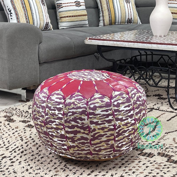 Kechart - Pouf marocain unique, pouf au sol, housse de pouf, décoration intérieure, cuir véritable, mouchoirs, chaises et poufs, coussin de siège, repose-pieds