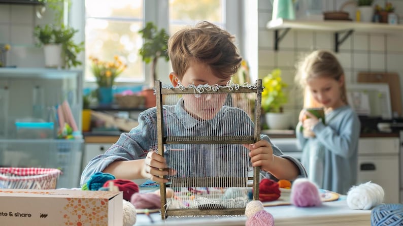 May include: A child is working with a wooden weaving loom, surrounded by colourful yarn and craft materials on a table. Another person is in the background. The setting is a bright kitchen, indicating a crafting activity.