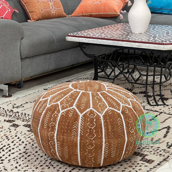 Kechart – Pouf marocain rond, pouf de sol, housse de pouf, décoration intérieure, cuir véritable, mouchoirs, chaises et poufs, coussin de siège, repose-pieds