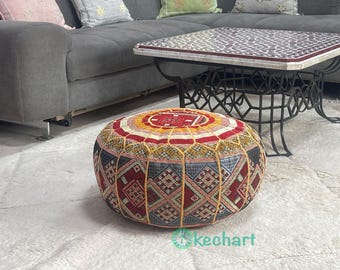 Handmade Moroccan Leather Pouf: Round Ottoman Footstool (Unfilled)