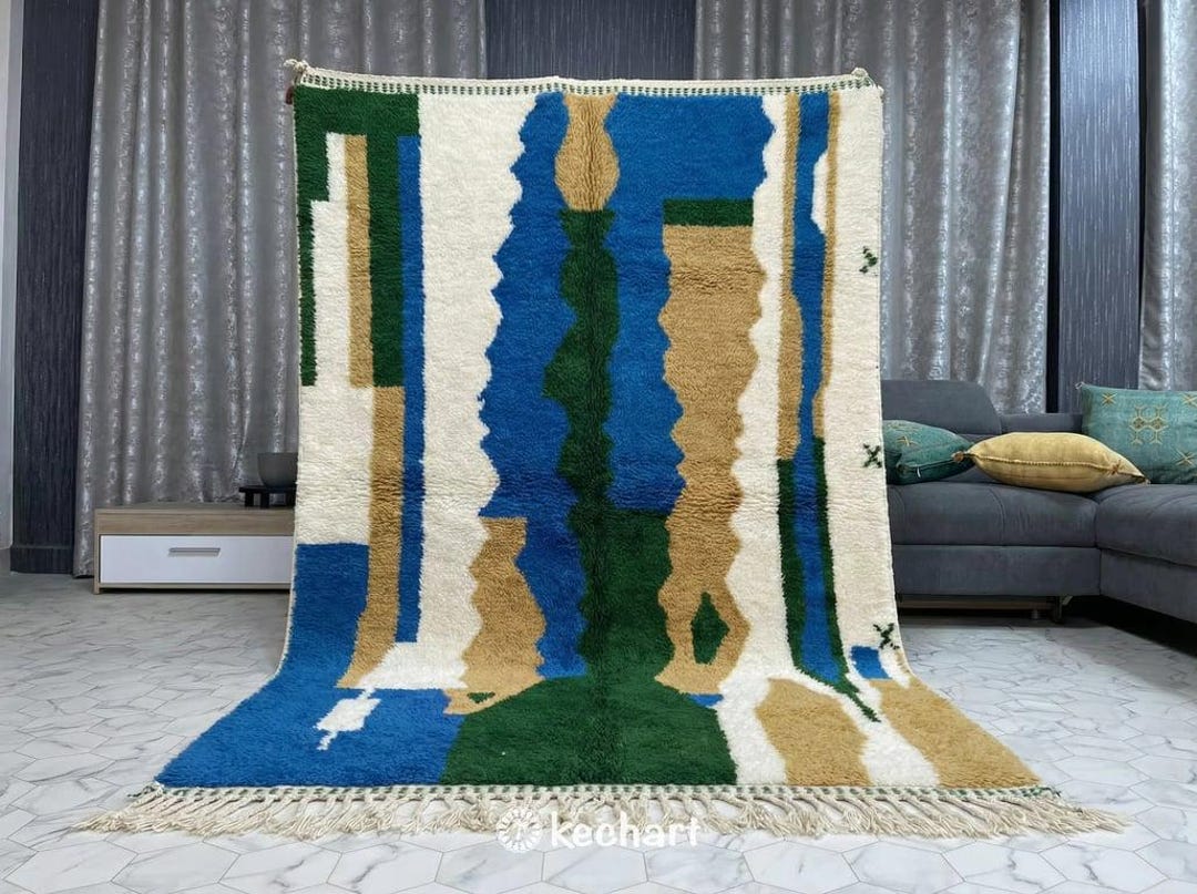 Custom Beni Ourain Rug - Handwoven Moroccan Wool in Blue, Gold & Green ...