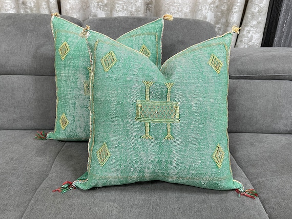 Kechart Cover Green Pillows Silk 24x24in pillow Cactus Silk White Lumbar Cushion Handmade Cactus Silk Decorative Pillow Moroccan Sabra Etsy