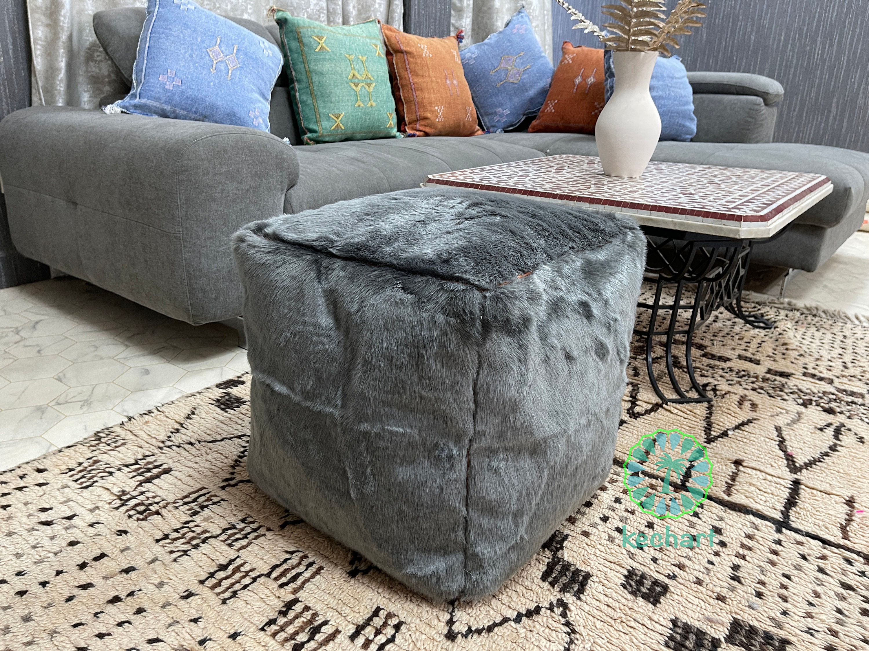 kechart - pouff marocain gris carré, cuir marocain, chaises et poufs, tabouret maroc, cuir, pouf marocain, coussin d'assise