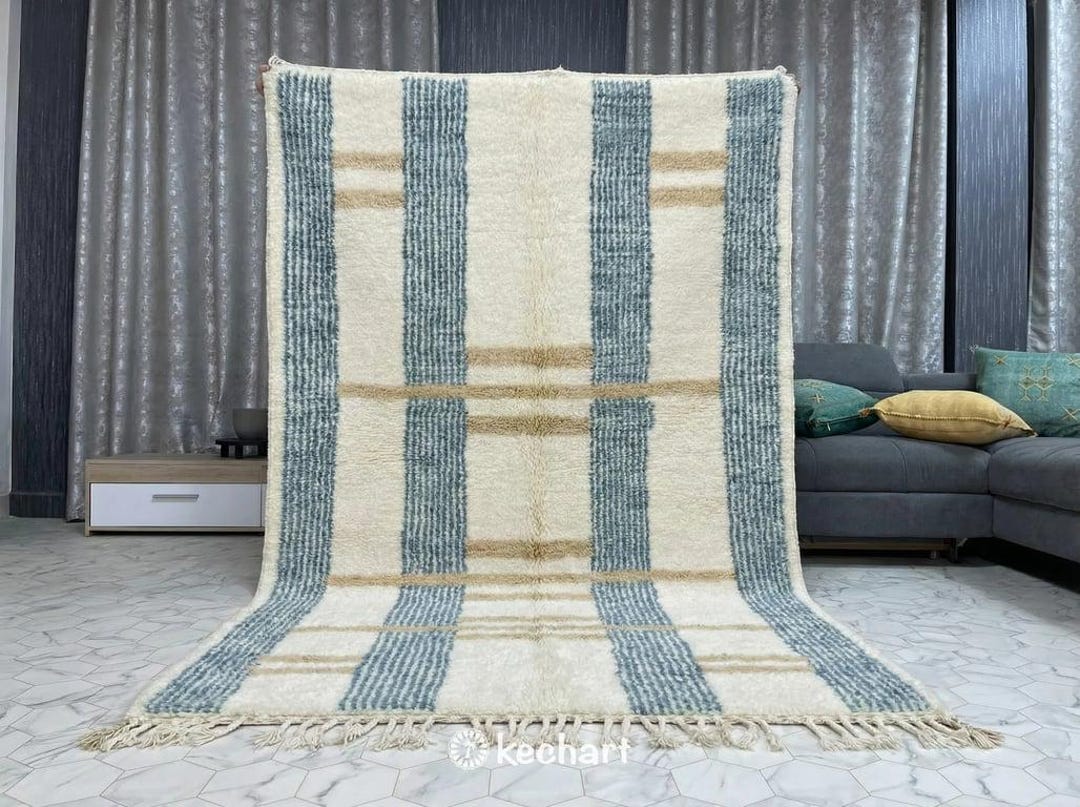 Custom Size Beni Ourain Rug - Handwoven Moroccan Wool in Dusty Blue ...