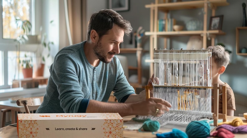 May include: A man and a child are using a wooden weaving loom. The loom has white threads, and colourful yarn balls are on the table. A box with the text "Learn, create & share" is in the foreground, suggesting a craft activity.