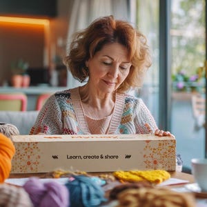 May include: A woman examining a craft box with the text "Learn, create & share." The box is on a table with yarn, a cup of coffee, and a pumpkin. The woman is wearing a patterned cardigan.