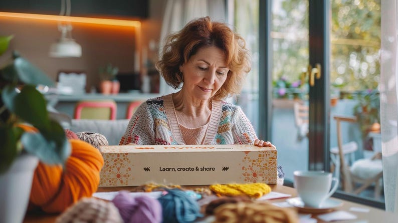 May include: A woman examining a craft box with the text "Learn, create & share." The box is on a table with yarn, a cup of coffee, and a pumpkin. The woman is wearing a patterned cardigan.