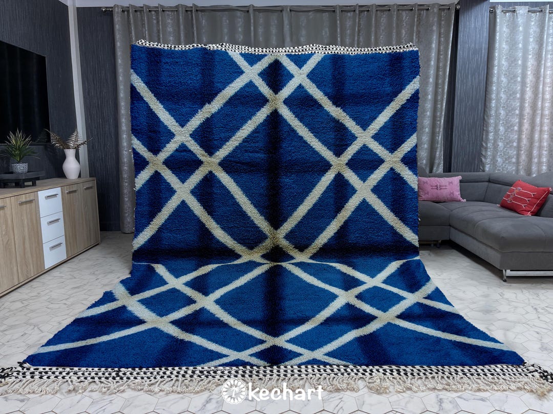 Overlap Blocks Wool Rug Handmade Moroccan Wool Rug: Overlapping White Diamonds, Berber Boho ...