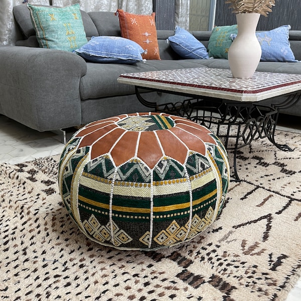 Kechart - Unique Moroccan pouf, floor ottoman, pouf cover, home decor, genuine leather, tissue, chairs and ottomans, seat cushion, footstool