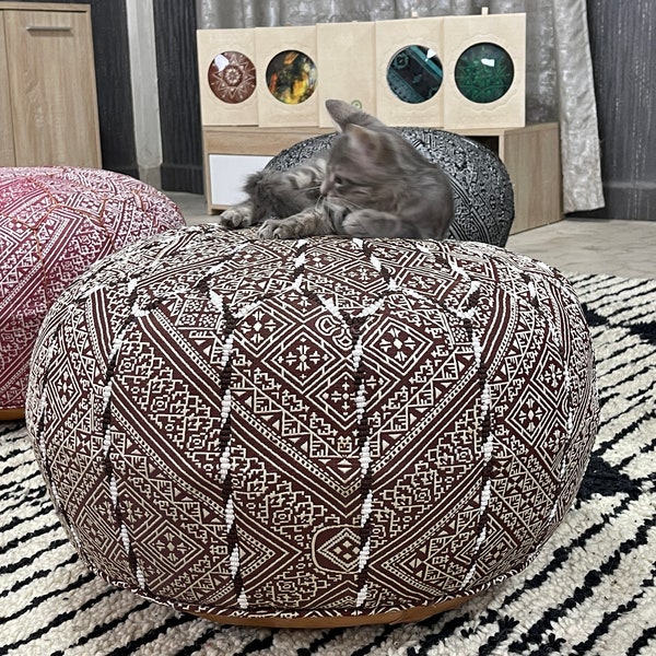 Kechart – Pouf marocain rond, pouf de sol, housse de pouf, décoration intérieure, cuir véritable, mouchoirs, chaises et poufs, coussin de siège, repose-pieds