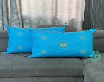 Cuscino in seta con cactus blu: cuscino lombare marocchino fatto a mano (50,8 x 101,6 cm)
