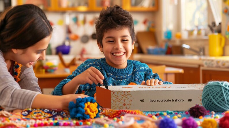 May include: A boy and girl are smiling as they work on a craft project. The boy wears a blue sweater, the girl a grey shirt. A box with "Learn, create & share" sits on the table, alongside yarn and craft supplies, suggesting a creative activity.