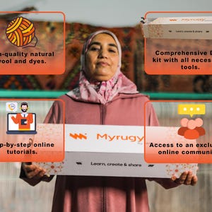 May include: An image advertising a DIY rug-making kit. A woman holds a box branded "Myrugy" with the slogan "Learn, create & share." Text boxes highlight high-quality wool, online tutorials, and access to an online community for rug makers.