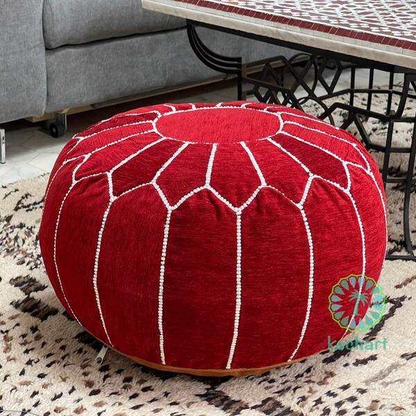 Kechart – Pouf marocain rond, pouf de sol, housse de pouf, décoration intérieure, cuir véritable, mouchoirs, chaises et poufs, coussin de siège, repose-pieds