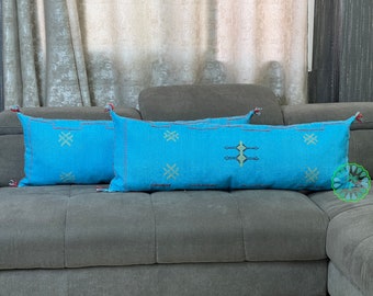Cuscino lombare in seta di cactus blu: cuscino marocchino Sabra fatto a mano (14 x 40 pollici)