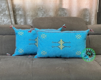Cuscino in seta con cactus blu: cuscino lombare Sabra marocchino fatto a mano (13 x 20 pollici)