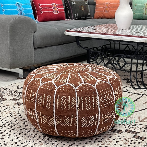 Kechart - Pouf marocain unique, pouf au sol, housse de pouf, décoration intérieure, cuir véritable, mouchoirs, chaises et poufs, coussin de siège, repose-pieds
