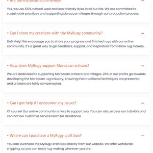 May include: A webpage with questions and answers about MyRugy craft boxes. Questions include: Are the materials eco-friendly?, Can I share my creations?, How does MyRugy support Moroccan artisans?, Can I get help?, and Where can I purchase a MyRugy craft box.