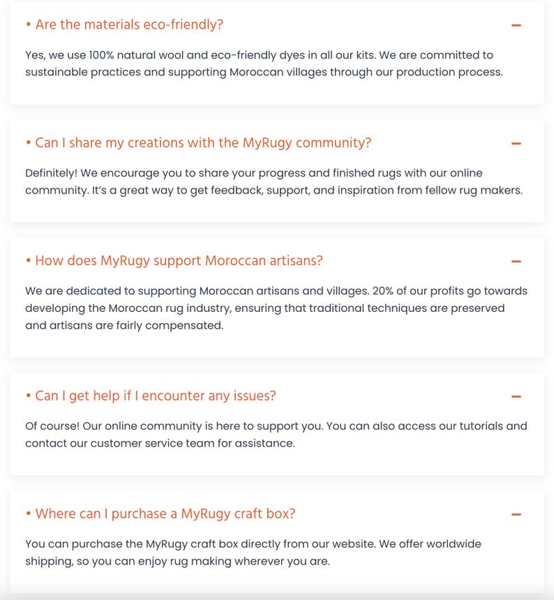 May include: A webpage with questions and answers about MyRugy craft boxes. Questions include: Are the materials eco-friendly?, Can I share my creations?, How does MyRugy support Moroccan artisans?, Can I get help?, and Where can I purchase a MyRugy craft box.