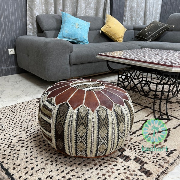 Kechart - Round Moroccan pouf, floor ottoman, pouf cover, home decor, genuine leather, tissue, chairs and ottomans, seat cushion, footstool