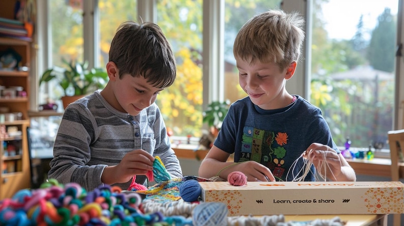 May include: Two children are engaged in a craft activity, working with colourful yarn and string. A box with the text "Learn, create & share" is on the table. The setting is indoors, with natural light from a window, suggesting a creative project.