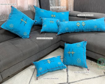Kechart - Cuscini in seta blu, cuscino in seta di cactus, cuscino lombare bianco fatto a mano, cuscino decorativo in seta di cactus, cuscino marocchino Sabra